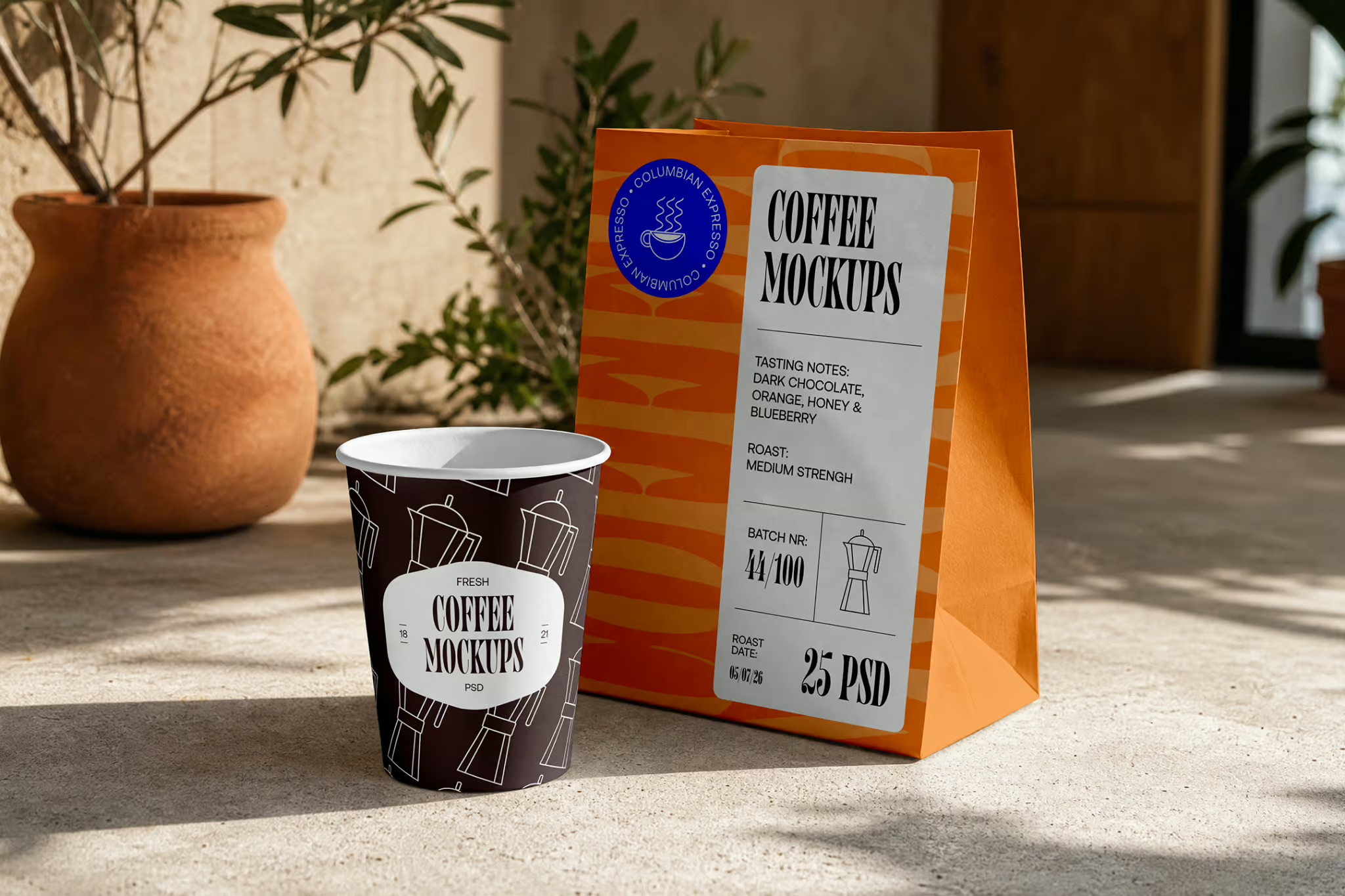 Custom coffee cup and bag packaging, synced between the online store and the shop