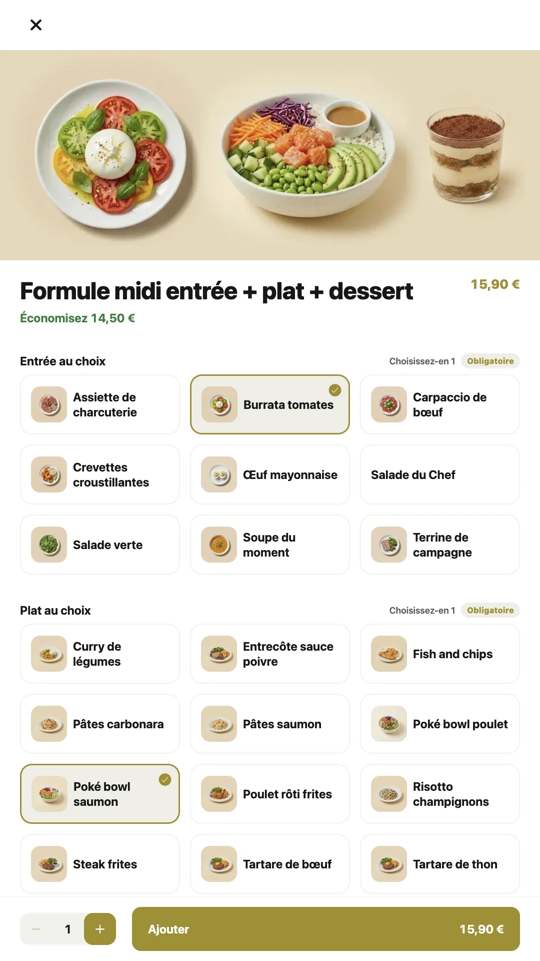 La borne de commande en portrait : la formule midi entrée + plat + dessert à 15,90 €, avec la mention « Économisez 14,50 € », une burrata, un poké bowl saumon et un tiramisu sélectionnés, et le bouton Ajouter