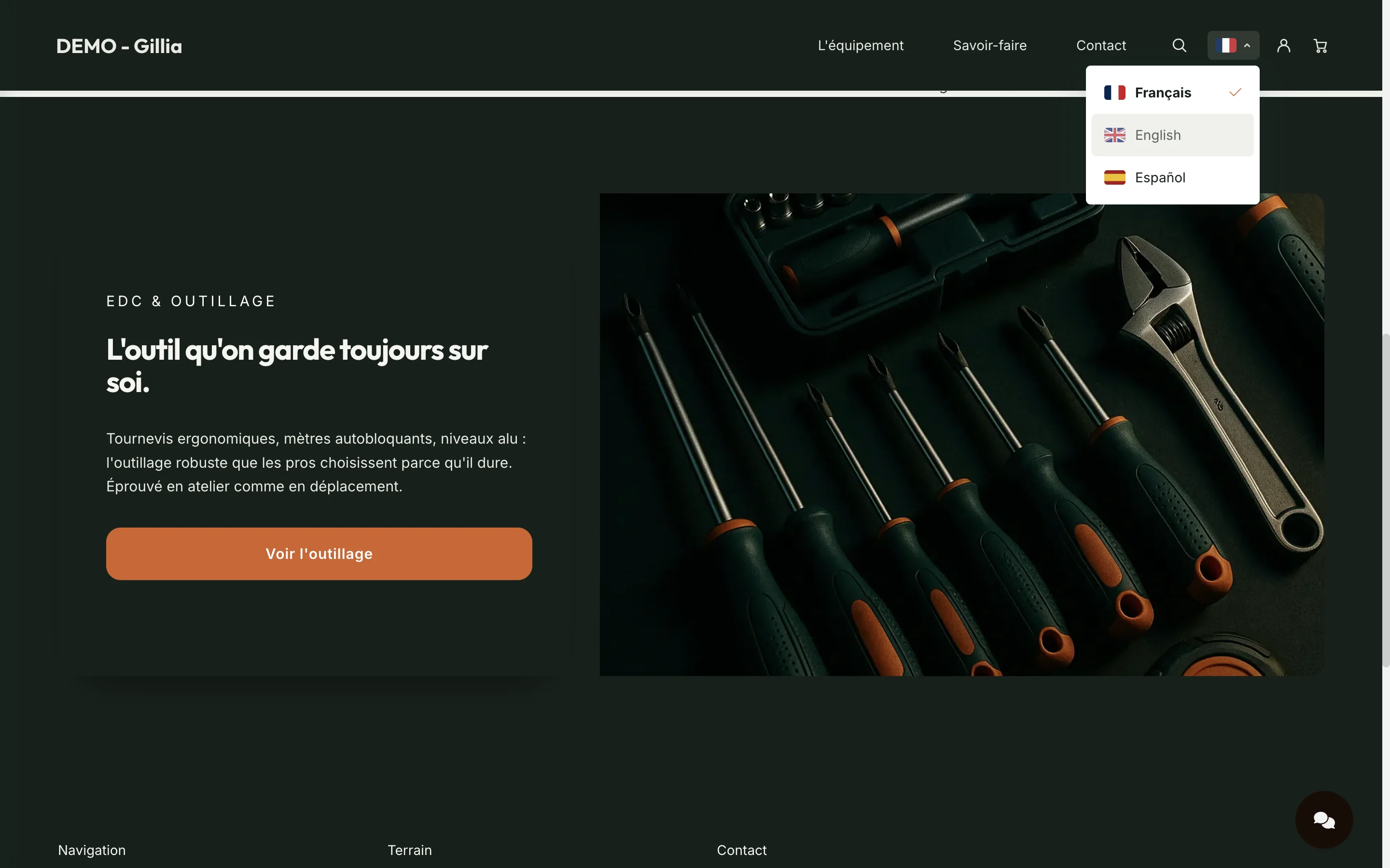 La boutique en ligne avec son sélecteur de langue ouvert : Français, English, Español