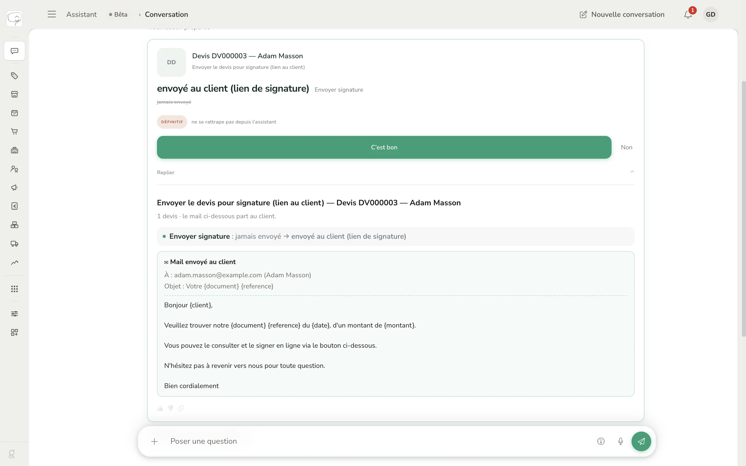 Carte de confirmation de Gillia « Envoyer le devis pour signature » pour le devis DV000003 d'Adam Masson, avec les boutons C'est bon et Non, et l'aperçu du mail envoyé au client