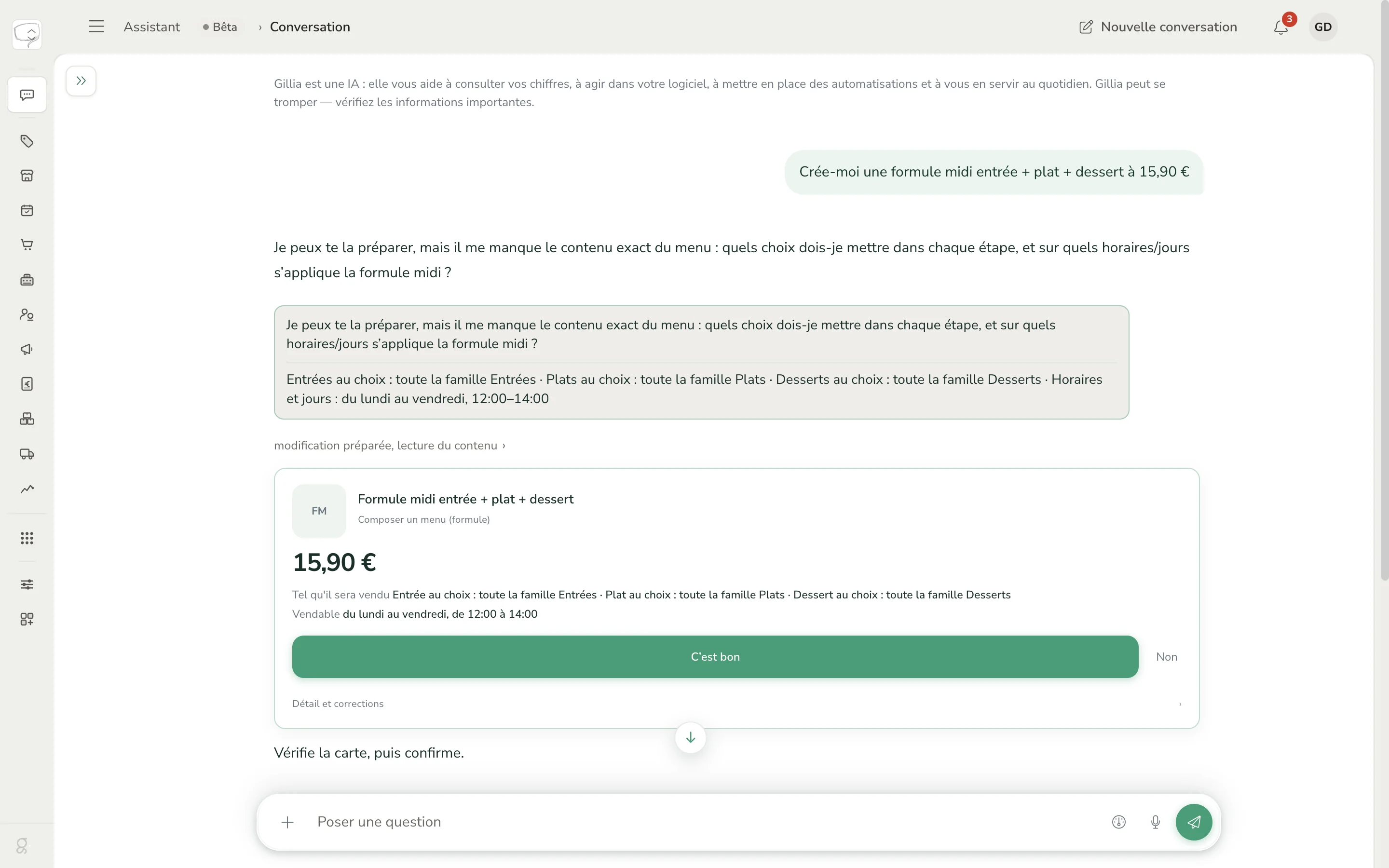 Carte proposée par Gillia : formule midi entrée + plat + dessert à 15,90 €, vendable du lundi au vendredi de 12 h à 14 h, avec les boutons C'est bon et Non