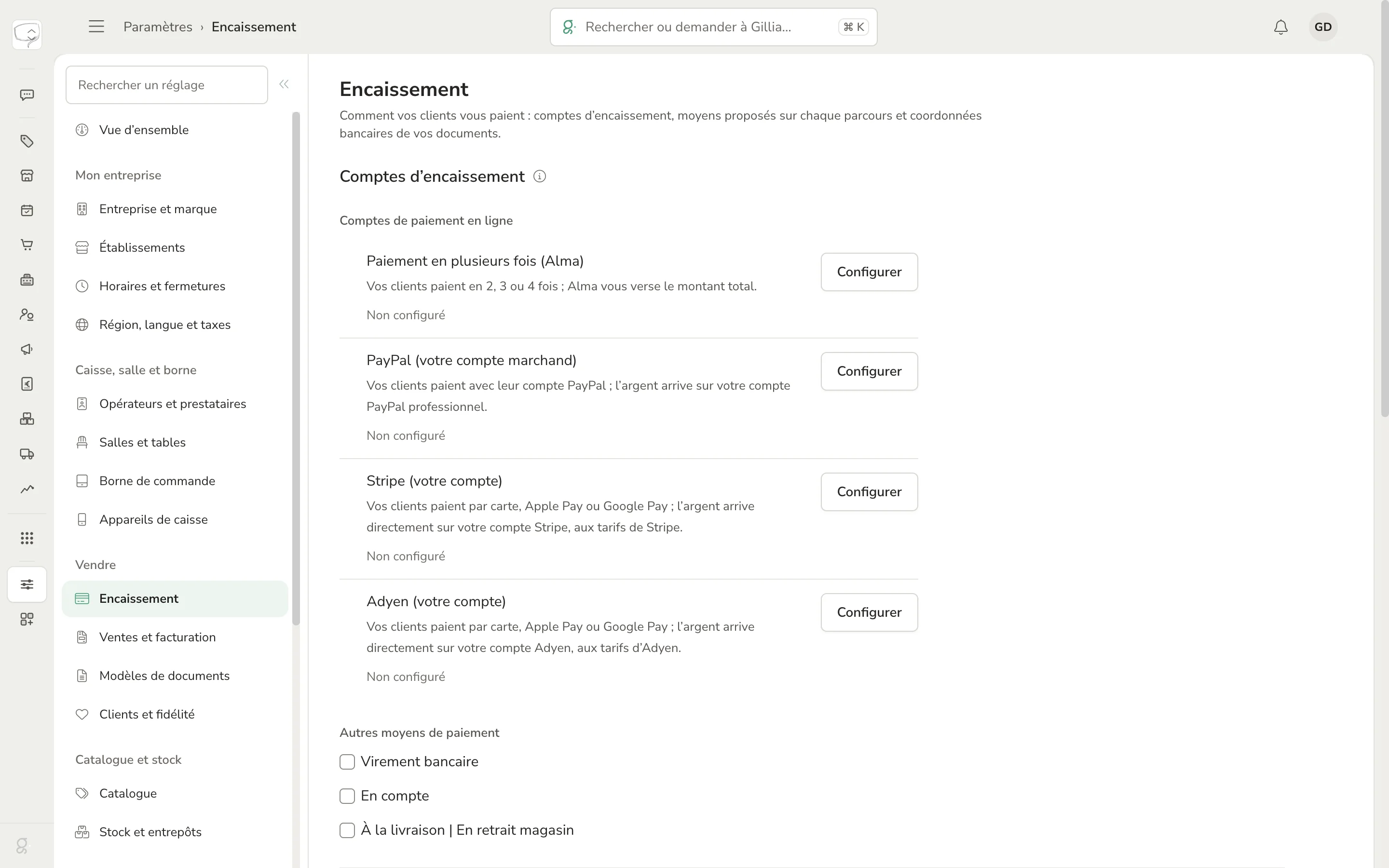 Paramètres › Encaissement : les comptes de paiement en ligne