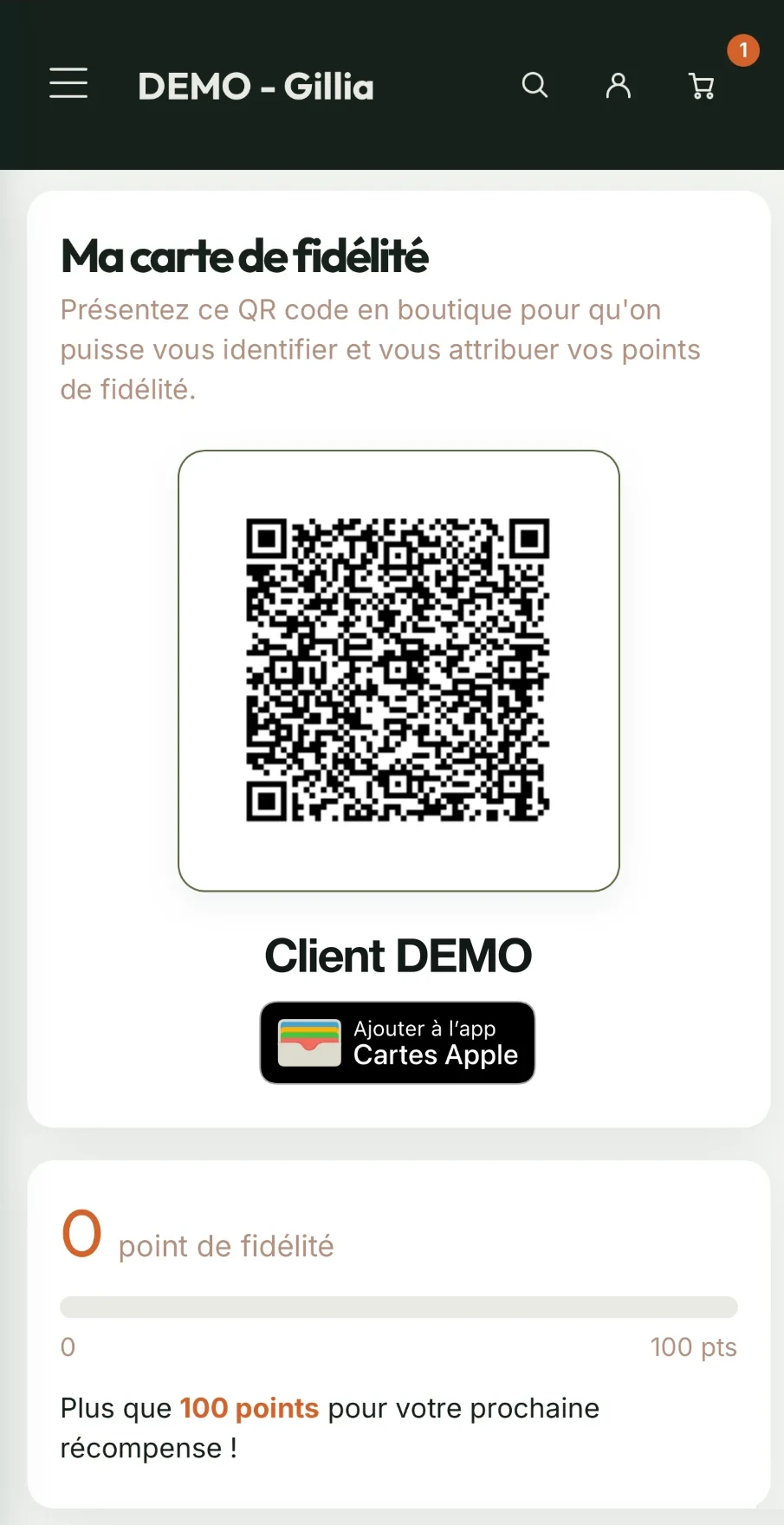 La carte de fidélité de la marque sur la boutique, vue sur mobile : QR code à présenter en magasin et bouton « Ajouter à l'app Cartes Apple »