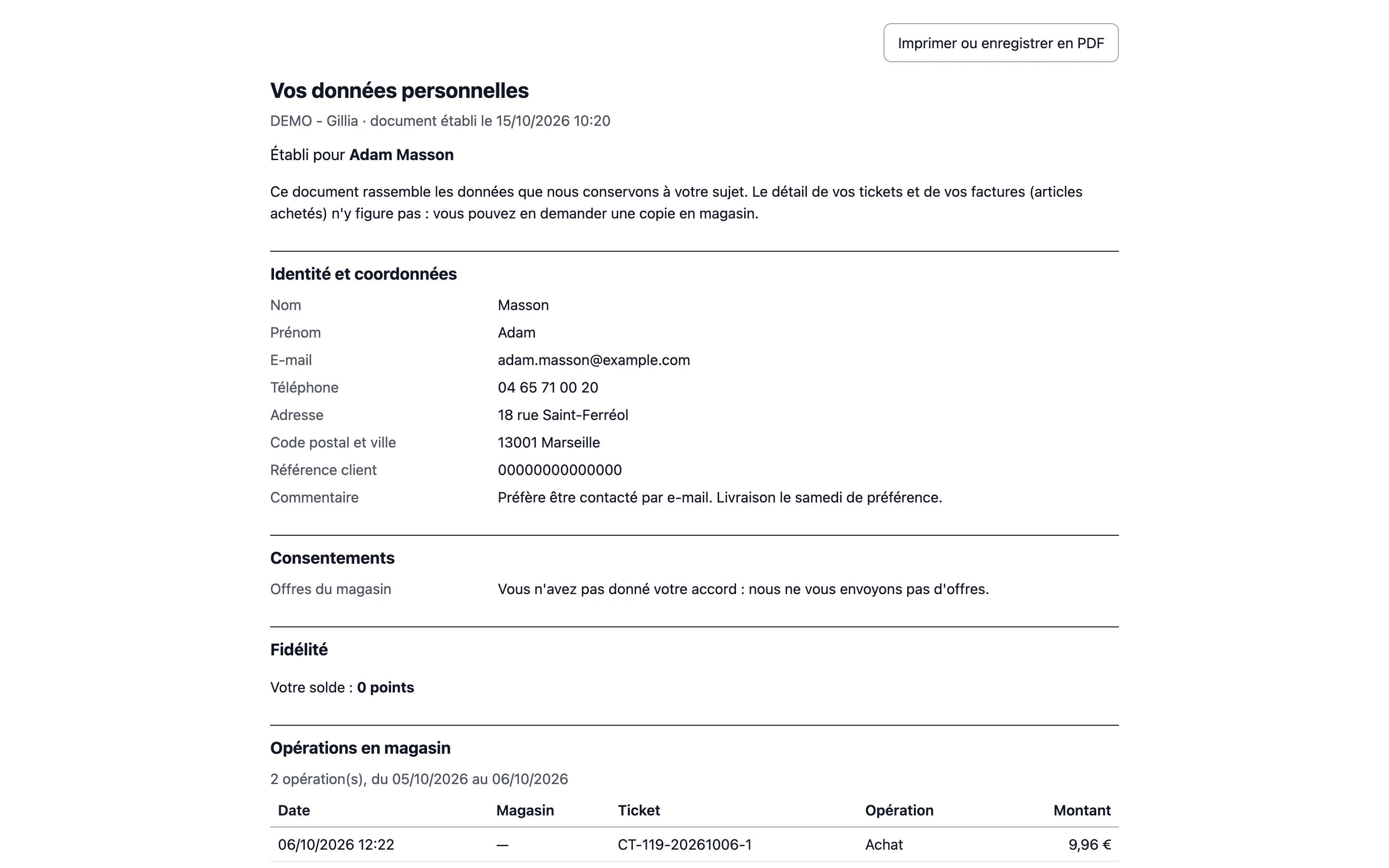 Le document « Vos données personnelles » remis à un client : identité, consentements, fidélité et opérations en magasin