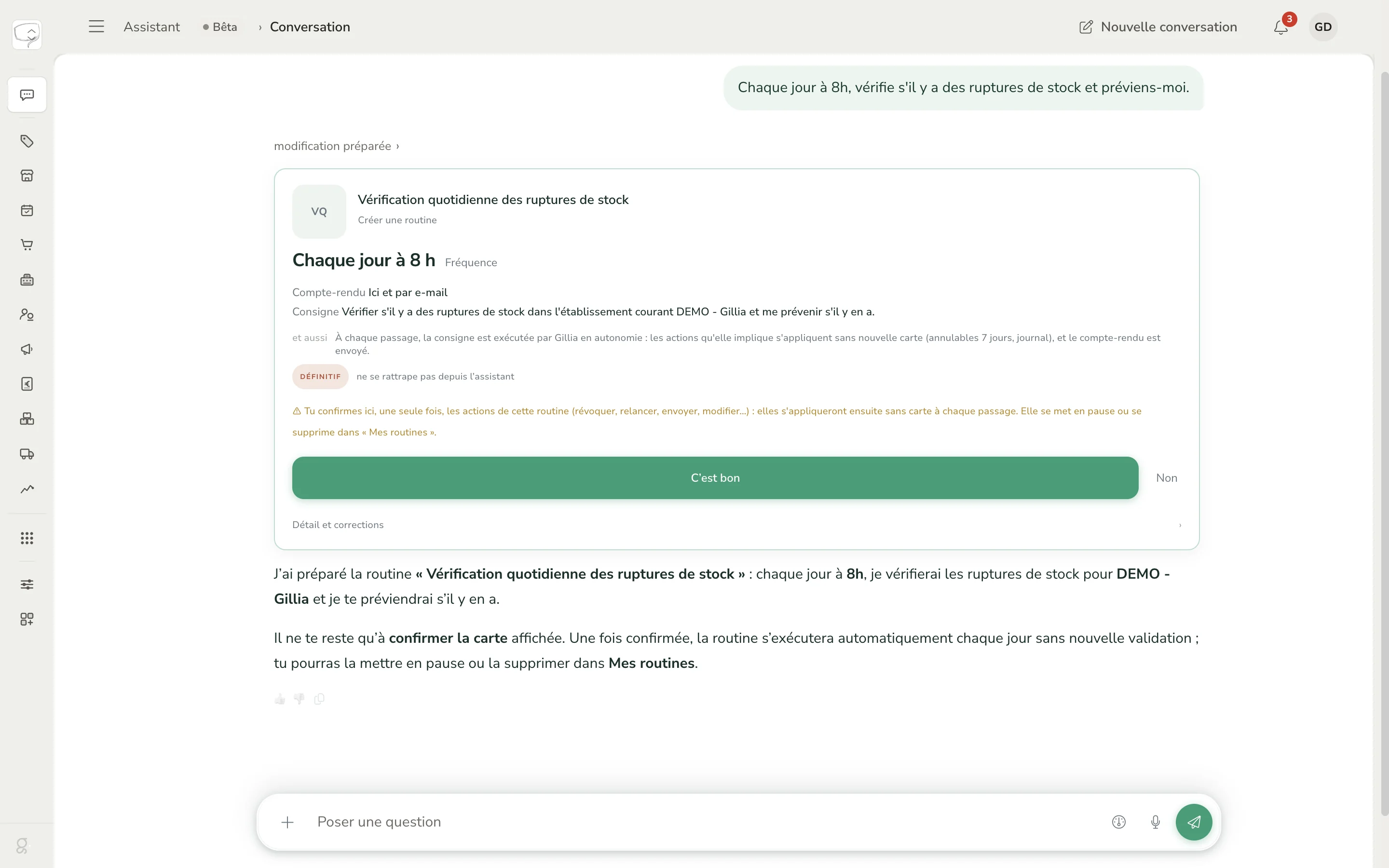 Carte de création d'une routine : vérification quotidienne des ruptures de stock, chaque jour à 8 h, avec compte-rendu dans la conversation et par e-mail