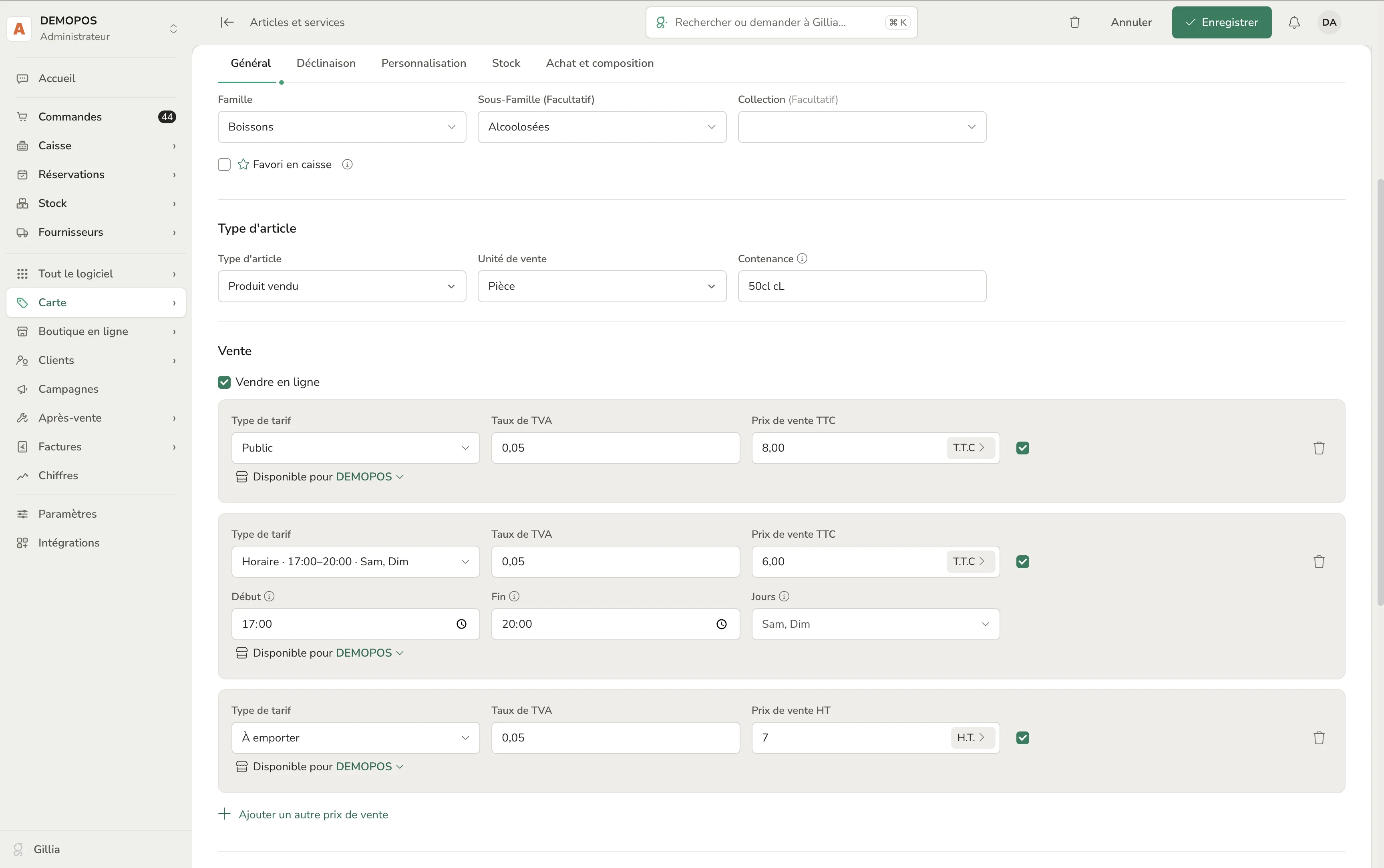 Gillia item page showing a time-based price from 5 p.m. to 8 p.m. on Saturday and Sunday, at €6 including tax