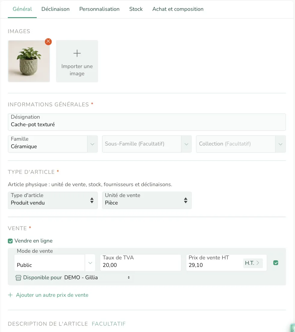 Screenshot of an item page in Gillia: images, general information, item type, online sales and selling price.