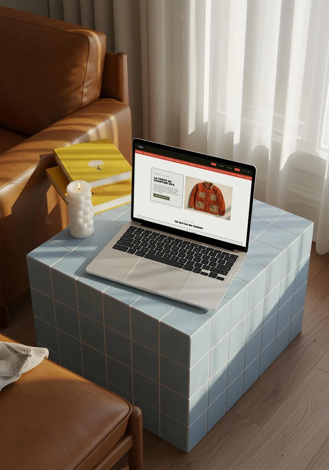A laptop on a blue tiled coffee table in a living room shows an online store featuring an orange work jacket
