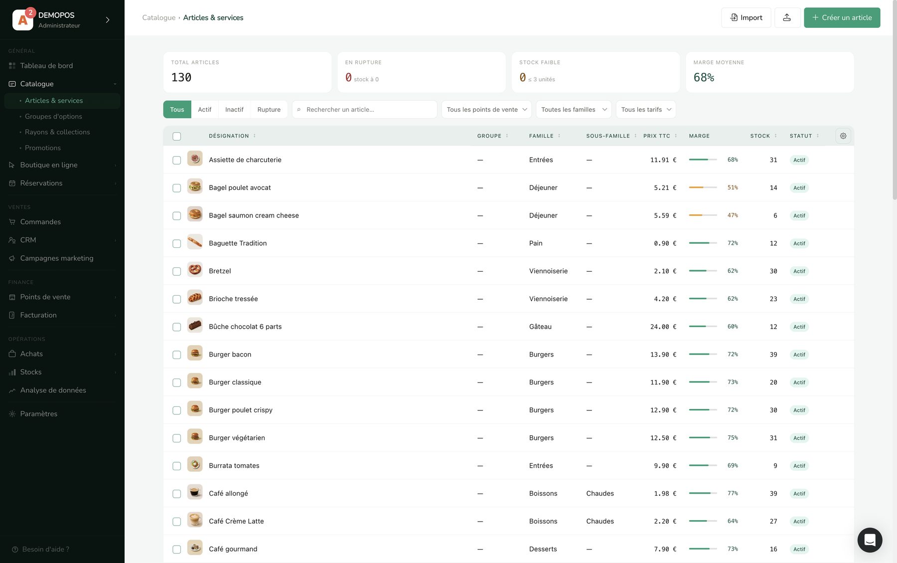 Catalogue d'articles et services avec prix et marges