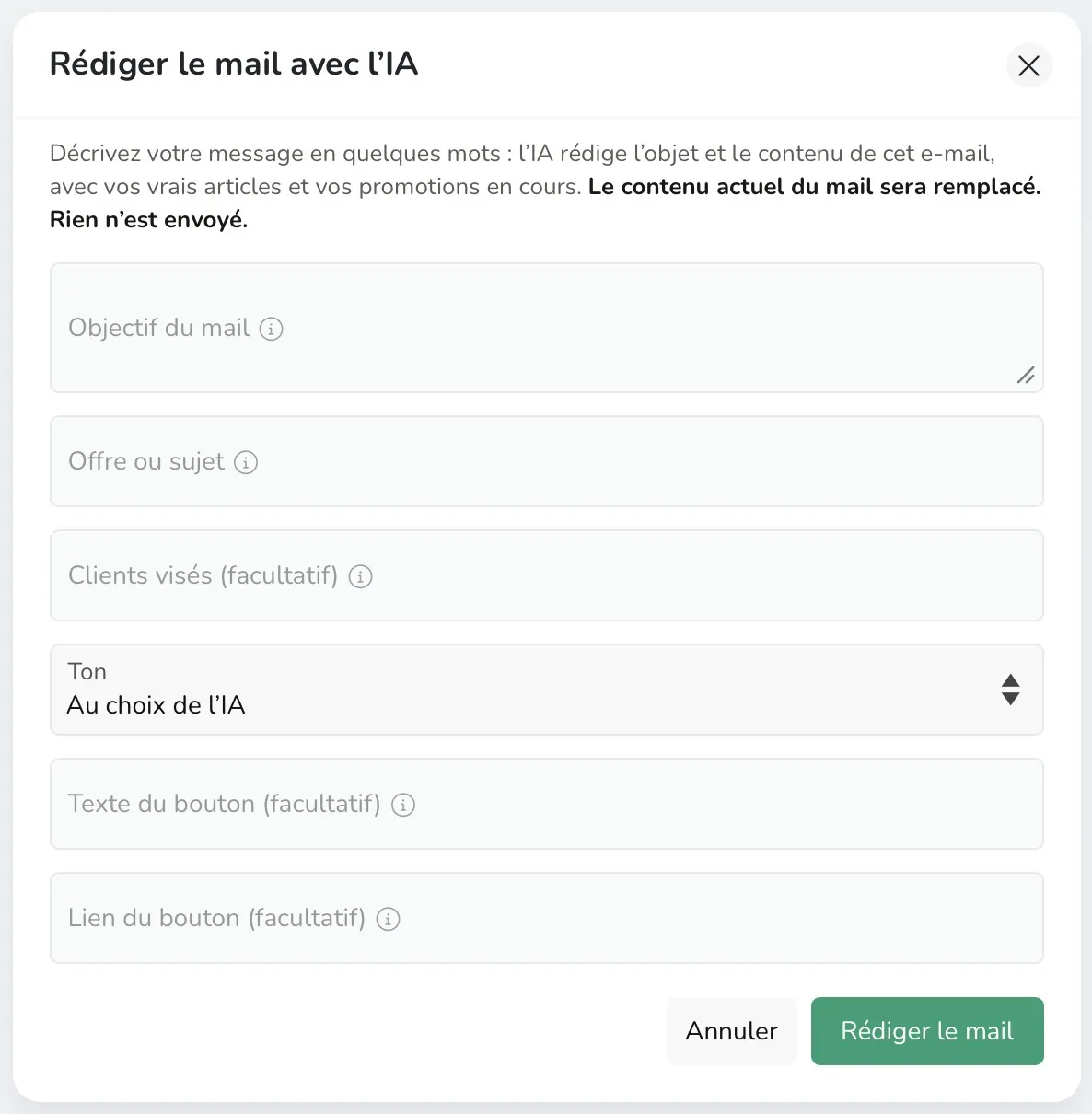 The “Write the email with AI” window in Gillia: email goal, offer or subject line, target customers, tone and call-to-action button
