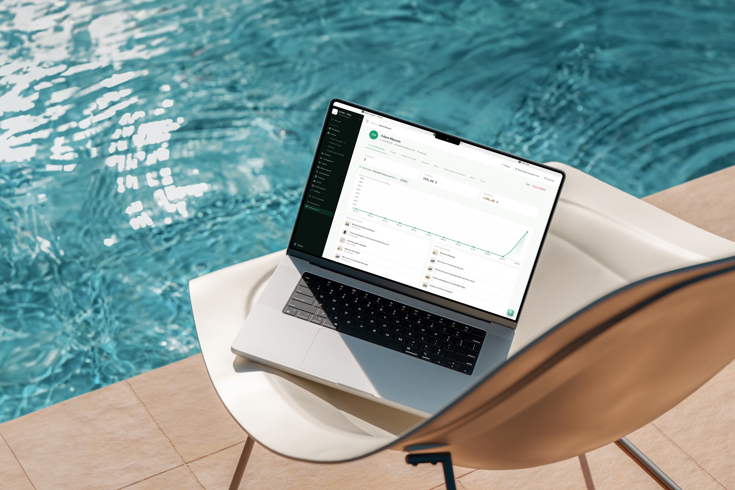 A laptop on a chair by a swimming pool shows a customer file in Gillia: revenue trend, latest purchases and favorite items
