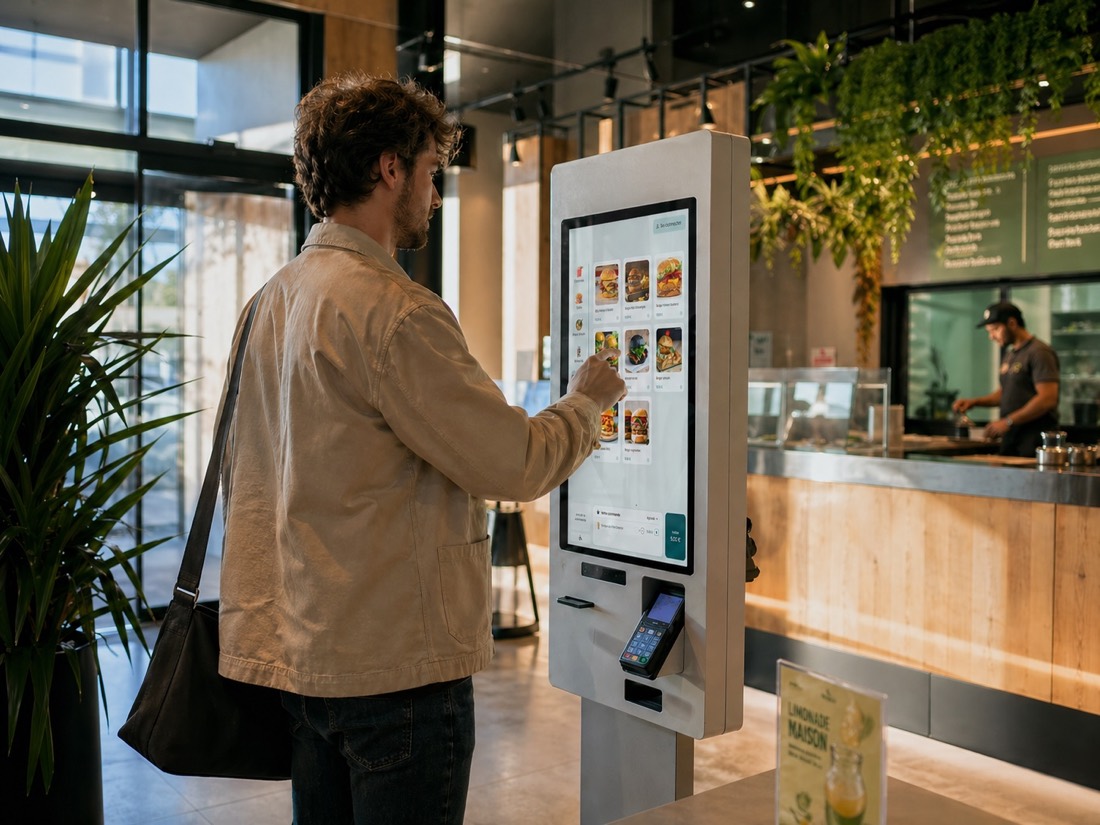 A customer orders at a touchscreen kiosk in a restaurant while a cook prepares food at the counter