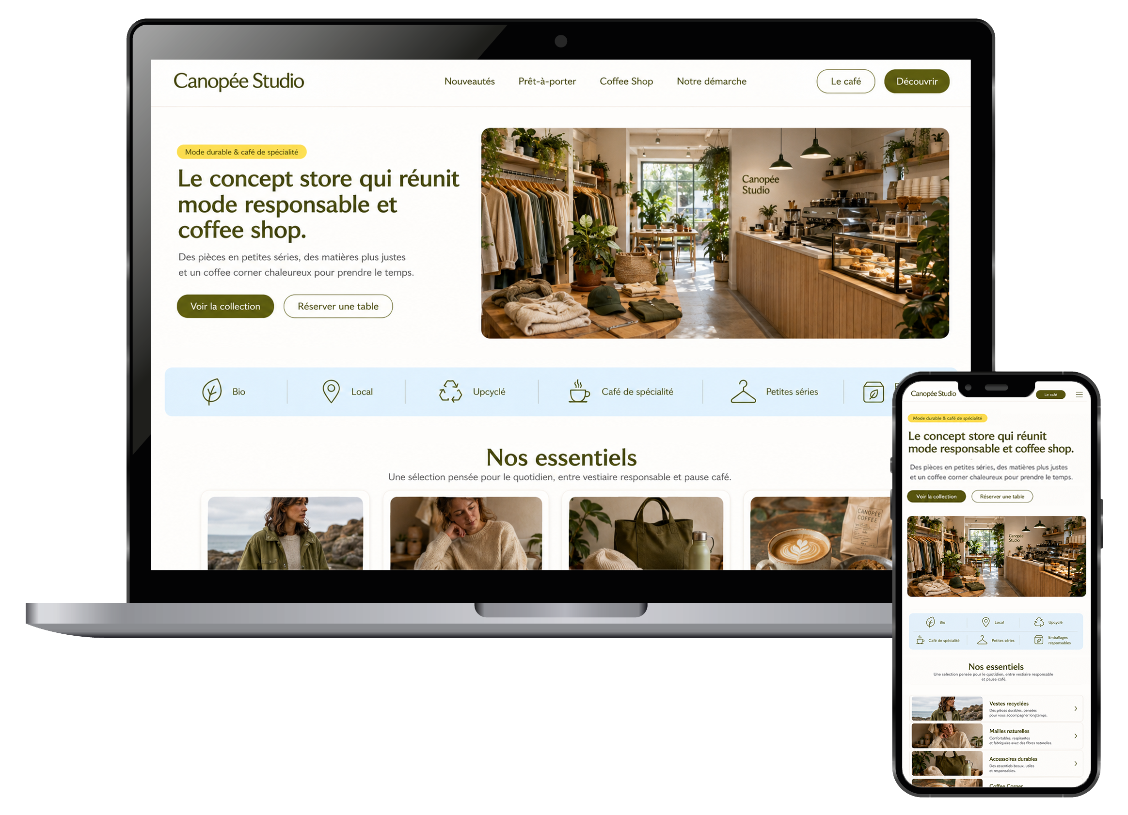 Site Canopée Studio généré, affiché sur ordinateur portable et smartphone